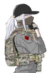 Rule 34 | 1girl, backpack, bag, bandana, baseball cap, black gloves, black hat, bulletproof vest, camouflage, commentary request, from side, glasses, gloves, grey hair, grey jacket, hat, highres, jacket, lauging man (shun a t i o), long sleeves, looking away, original, ponytail, profile, simple background, solo, upper body, white background
