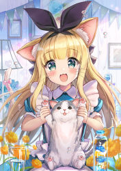 Rule 34 | 1girl, :3, :d, akabane (zebrasmise), animal, animal ear fluff, animal ears, apron, black ribbon, blonde hair, blue dress, blurry, blurry foreground, blush, bottle, cat, cat ears, collared dress, commentary request, cup, depth of field, dress, drinking glass, fake animal ears, flower, frilled apron, frills, green eyes, hair ribbon, highres, holding, holding animal, indoors, lamp, long hair, mononobe alice, mononobe alice (1st costume), nijisanji, open mouth, orange flower, pennant, photo (object), puffy short sleeves, puffy sleeves, ribbon, short sleeves, smile, solo, string of flags, very long hair, virtual youtuber, water, whiskers, white apron