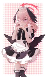 Rule 34 | 1girl, alternate costume, apron, black bow, black bowtie, black wings, blue archive, bow, bowtie, buttons, checkered background, crossed fingers, dress, enmaided, feathered wings, flat chest, frilled apron, frilled dress, frilled socks, frills, headdress, kneehighs, koharu (blue archive), looking at viewer, maid, maid apron, maid headdress, medium hair, pink background, pink eyes, pink hair, plaid, plaid background, puffy short sleeves, puffy sleeves, short sleeves, socks, solo, standing, sunx3, wings