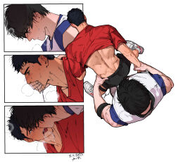 Rule 34 | 2boys, ass, back, bara, black hair, black shorts, blue shirt, blush, closed mouth, crying, crying with eyes open, fatcat, french kiss, hand on another&#039;s face, highres, holding another&#039;s wrist, kiss, male focus, mitsui hisashi, multiple boys, muscular, muscular male, open mouth, red shirt, rukawa kaede, saliva, shirt, short hair, shorts, slam dunk (series), tears, tongue, tongue out, translation request, yaoi