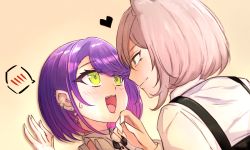 Rule 34 | 2girls, absurdres, animal ears, blush, commentary request, earrings, eye contact, face-to-face, from behind, grey eyes, hand on another&#039;s chin, heart, highres, hololive, jewelry, kabedon, lion ears, looking at another, multiple earrings, multiple girls, open mouth, purple hair, shishiro botan, shishiro botan (button-down), short hair, silver hair, smile, spoken blush, sweat, tokoyami towa, twintails, upper body, virtual youtuber, yuri, zexalmike