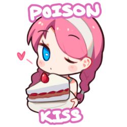 Rule 34 | arknights, blowing kiss, blue eyes, blue poison (arknights), blue poison (shoal beat) (arknights), blush, cake, cake slice, chibi, english text, food, fruit, greypidjun, hairband, heart, holding, holding plate, lowres, official alternate costume, one eye closed, pink hair, plate, rectangular pupils, simple background, solo, strawberry, strawberry shortcake, transparent background, white hairband