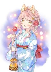 Rule 34 | 1girl, :d, ahoge, alternate costume, animal ear fluff, animal ears, back bow, bag, blush, bow, brown eyes, candy apple, commentary request, fang, floral print, flower, food, food on face, hair between eyes, hair flower, hair ornament, hairclip, holding, holding bag, holding food, japanese clothes, kimono, kinchaku, long hair, long sleeves, looking at viewer, obi, open mouth, original, pink hair, pouch, print kimono, red bow, red flower, sash, sidelocks, smile, solo, upper body, wataame27, white flower, white kimono, wide sleeves, wolf-chan (wataame27), wolf ears, yellow flower, yukata