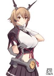 Rule 34 | 1girl, arm behind back, black capelet, breasts, brown hair, capelet, collar, cowboy shot, dated, flipped hair, gloves, green eyes, hairband, headgear, highres, kantai collection, large breasts, metal belt, metal collar, miniskirt, mutsu (kancolle), mutsu kai ni (kancolle), one-hour drawing challenge, owa (ishtail), radio antenna, short hair, simple background, skirt, solo, twitter username, white background, white gloves, white skirt