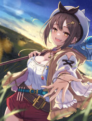 Rule 34 | 1girl, atelier (series), atelier ryza, belt, blush, breasts, brown belt, brown eyes, brown hair, cleavage, detached sleeves, flask, grass, hair ornament, hairclip, highres, holding, holding staff, jacket, jewelry, large breasts, leather belt, lens flare, looking at viewer, necklace, open mouth, outdoors, reaching, reaching towards viewer, red shorts, reisalin stout, round-bottom flask, short hair, short shorts, shorts, sleeveless, sleeveless jacket, smile, solo, staff, star (sky), star (symbol), star necklace, sunrise, vial, white headwear, yanu, yellow jacket