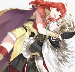 Rule 34 | 2girls, armor, aym (ash3ash3ash), blunt bangs, cape, celica (fire emblem), crown, dress, fire emblem, fire emblem gaiden, fire emblem heroes, gloves, grey background, grey hair, hair ornament, highres, hug, long hair, looking at viewer, multiple girls, nintendo, open mouth, red armor, red eyes, red hair, short hair, simple background, smile, thighhighs, veronica (fire emblem), weapon