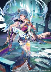 Rule 34 | 1girl, blue hair, blush, character request, company name, duel masters, floral print, furisode, hagoita, hair ornament, hair spread out, hairpin, highres, holding, japanese clothes, kanda done, kimono, long hair, looking at viewer, obi, official art, outdoors, paddle, parted lips, print kimono, red eyes, sash, sidelocks, solo, wading, wide sleeves
