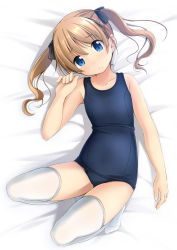 Rule 34 | 1girl, bare arms, bare shoulders, bed, bed sheet, black bow, blue eyes, blue hair, blue one-piece swimsuit, blush, bow, brown hair, from above, hair bow, highres, knees up, looking at viewer, lying, old school swimsuit, on back, on bed, one-piece swimsuit, original, school swimsuit, shibacha, solo, swimsuit, thighhighs, twintails, white thighhighs