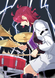 Rule 34 | 1girl, black background, black shirt, breasts, commentary, cymbals, drum, feet out of frame, from side, highres, horikawa raiko, instrument, jacket, lightning, long sleeves, medium breasts, necktie, open mouth, plaid, plaid shirt, purple necktie, red hair, sakamoto fred, shirt, short hair, simple background, sitting, skirt, solo, sweat, teeth, touhou, upper teeth only, white jacket, white skirt