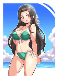 Rule 34 | 1girl, bikini, black hair, blue sky, blurry, blurry background, breasts, cleavage, cloud, cloudy sky, commentary, commission, cougar (cougar1404), cowboy shot, depth of field, english commentary, front-tie bikini top, front-tie top, green bikini, groin, hair ribbon, halterneck, hand on own chest, large breasts, long hair, looking at viewer, mahouka koukou no rettousei, mixed-language commentary, navel, open mouth, red eyes, ribbon, saegusa mayumi, side-tie bikini bottom, skeb commission, sky, smile, solo, standing, string bikini, swimsuit, white ribbon