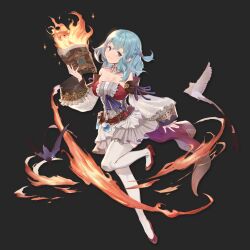 Rule 34 | 1girl, absurdres, belt, bird, black background, black bird, blue eyes, blue hair, blue ribbon, book, breasts, cleavage, closed mouth, detached collar, dress, fire, flask, foot up, frills, full body, gold trim, hair between eyes, hair rings, hand up, high heels, highres, holding, holding book, large breasts, long sleeves, looking at viewer, medium hair, off-shoulder dress, off shoulder, open book, original, potion, red belt, red dress, red footwear, ribbon, simple background, smile, solo, thighhighs, two-tone dress, vial, vicennter, white bird, white dress, white thighhighs, wide sleeves
