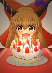 Rule 34 | 1girl, :d, absurdres, birthday cake, blush, bow, brown eyes, brown hair, cake, candle, fangs, food, fruit, hair bow, highres, horn ornament, horn ribbon, horns, ibuki suika, large bow, long hair, open mouth, ribbon, smile, solo, strawberry, table, teoi (good chaos), touhou