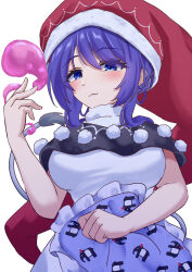 Rule 34 | 1girl, :3, black capelet, blob, blue eyes, blue hair, breasts, capelet, commentary request, doremy sweet, dream soul, dress, frilled pillow, frills, hat, highres, long hair, medium breasts, mizunisabano, nightcap, pillow, pink hat, pom pom (clothes), sleeveless, sleeveless dress, solo, tail, tapir print, tapir tail, touhou, turtleneck, upper body, white dress