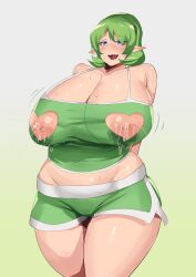 1girl absurdres ahegao blue_eyes blush breasts green_hair heart heart-shaped_pupils highres huge_breasts lactation mature_female nintendo plump saria_(zelda) short_hair short_shorts shorts solo stormcow sweat symbol-shaped_pupils tank_top the_legend_of_zelda thick_thighs thighs