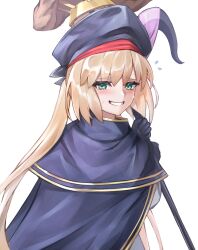 Rule 34 | 1girl, absurdres, artoria caster (fate), artoria pendragon (fate), black gloves, blonde hair, blue headwear, blush, cape, embarrassed, fate/grand order, fate (series), female focus, gloves, grin, highres, holding, holding staff, looking at viewer, open mouth, simple background, smile, solo, staff, twintails, umeo (pixiv51103813), white background