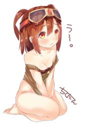 Rule 34 | 1girl, bad id, bad twitter id, bare shoulders, bottomless, brown hair, chitetan, goggles, goggles on head, highres, looking at viewer, ole tower, rammer (ole tower), short hair, simple background, solo, twintails
