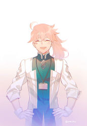 Rule 34 | 1boy, closed eyes, fate/grand order, fate (series), hair between eyes, jewelry, long hair, long sleeves, male focus, necklace, open mouth, orange hair, pale skin, ponytail, romani archaman, simple background, sleeves past elbows, smile, solo, solo focus, taa (acid), white background