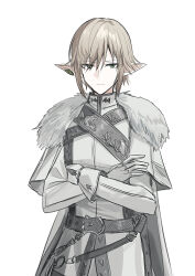 Rule 34 | 1boy, belt, belt buckle, brown hair, buckle, capelet, chihuri, closed mouth, crossed arms, ear piercing, eyes visible through hair, final fantasy, final fantasy xiv, fur-trimmed capelet, fur trim, gloves, green eyes, grey belt, hair over one eye, highres, jacket, looking at viewer, male focus, piercing, pointy ears, simple background, solo, white background, white capelet, white gloves, white jacket, zephirin de valhourdin