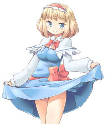 Rule 34 | 1girl, alice margatroid, arnest, blonde hair, blouse, blue dress, blue eyes, bow, bowtie, capelet, closed mouth, clothes lift, collared dress, commentary, dress, dress lift, frilled hairband, frills, hairband, lifted by self, long sleeves, looking at viewer, medium dress, red bow, red bowtie, red hairband, red sash, sash, shirt, short hair, simple background, skirt, skirt lift, smile, solo, standing, thighs, touhou, white background, white capelet, white shirt
