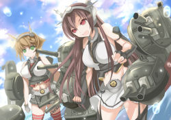 Rule 34 | 10s, 2girls, bare shoulders, blonde hair, breasts, brown hair, green eyes, highres, kantai collection, large breasts, long hair, marionette (excle), midriff, multiple girls, mutsu (kancolle), nagato (kancolle), red eyes, short hair