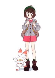 Rule 34 | 1girl, backpack, bag, blush, bob cut, boots, brown bag, brown eyes, brown footwear, brown hair, buttons, cable knit, cardigan, closed mouth, collared dress, commentary request, creatures (company), dress, game freak, gen 8 pokemon, gloria (pokemon), green headwear, green legwear, grey cardigan, hagetapo, hat, holding strap, hooded cardigan, looking down, nintendo, pink dress, pokemon, pokemon (creature), pokemon swsh, scorbunny, short hair, socks, standing, tam o&#039; shanter