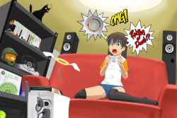 Rule 34 | 1girl, ^^^, araragi yuuichi, black thighhighs, cat, controller, couch, death, english text, game console, game controller, green eyes, halo, halo (game), halo (series), playing games, raglan sleeves, red ring of death, red upholstery, shelf, solo, speaker, surprised, tears, thighhighs, video game, wings, xbox, xbox 360
