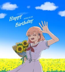 Rule 34 | 1girl, ^ ^, absurdres, arms up, blue sky, blush, bouquet, closed eyes, cloud, commentary, cowboy shot, crossed bangs, dated, dress, field, flower, flower field, hair ornament, happy birthday, hasu no sora school uniform, highres, hinoshita kaho, holding, holding bouquet, light smile, link! like! love live!, love live!, medium dress, medium hair, neckerchief, open mouth, orange hair, pleated dress, rabbit hair ornament, raon 515, red neckerchief, sailor collar, sailor dress, school uniform, short sleeves, sky, solo, summer uniform, sunflower, symbol-only commentary, teeth, two side up, upper teeth only, virtual youtuber, white dress, white sailor collar