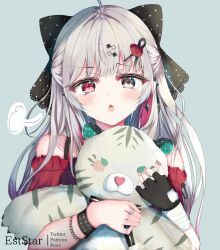 Rule 34 | 1girl, ahoge, aties20, bandaged arm, bandages, bare shoulders, black bow, black gloves, blush, bow, chestnut mouth, collarbone, commentary request, fingerless gloves, flower, gloves, grey background, grey eyes, grey hair, hair bow, hair flower, hair ornament, highres, ishigami nozomi, jewelry, lace-trimmed bow, lace trim, long hair, looking at viewer, nijisanji, hugging object, off-shoulder shirt, off shoulder, open mouth, red eyes, red shirt, ring, shirt, simple background, single glove, solo, stuffed animal, stuffed tiger, stuffed toy, upper body, virtual youtuber