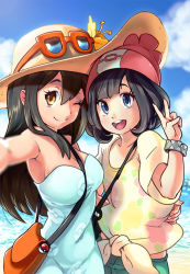 Rule 34 | 2girls, armpits, artist request, bag, bare shoulders, beanie, between breasts, black hair, blue eyes, blue sky, blurry, breasts, brown eyes, cloud, creatures (company), day, depth of field, eyewear on head, floral print, flower, foreshortening, game freak, hair between eyes, hand on another&#039;s hip, handbag, hat, hat flower, hibiscus, long hair, looking at viewer, multiple girls, nintendo, npc trainer, ocean, outstretched arm, poke ball, poke ball print, pokemon, pokemon sm, reaching, reaching towards viewer, red hat, selene (pokemon), selfie, shirt, short hair, short shorts, shorts, sightseer (pokemon), sky, smile, strap between breasts, sun hat, sunglasses, swept bangs, t-shirt, tied shirt, v, water, z-ring