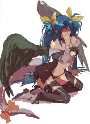 Rule 34 | 1girl, arc system works, asymmetrical wings, bare shoulders, blue hair, boots, bow, breasts, dizzy (guilty gear), female focus, full body, guilty gear, hair bow, hiyori chisha, kneeling, long hair, navel, ribbon, solo, tail, tail ornament, tail ribbon, thighhighs, underboob, white background, wings