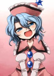 Rule 34 | 1girl, :d, blue eyes, blue hair, gradient background, harusame (unmei no ikasumi), hat, head tilt, looking at viewer, matching hair/eyes, merlin prismriver, open mouth, short hair, smile, solo, touhou