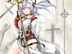 Rule 34 | 10s, 1girl, belt, blue hair, breasts, character request, cross, fingerless gloves, gloves, granblue fantasy, hair between eyes, hair ornament, hat, ichifuji nitaka (phase nine), latin cross, long hair, long sleeves, looking to the side, open mouth, solo, sophia (granblue fantasy), staff, thighs, twintails, yellow eyes