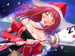 Rule 34 | 1girl, amanogawa subaru, bare shoulders, blush, braid, breasts, broom, choker, cleavage, closed eyes, game cg, gradient background, hat, majodou, open mouth, red hair, ribbon, sano toshihide, solo, tears