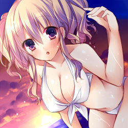 Rule 34 | 1girl, :o, bad id, bad pixiv id, bikini, blonde hair, blush, breasts, cleavage, cloud, front-tie top, halterneck, hanging breasts, large breasts, looking at viewer, lowres, navel, original, red eyes, shiny skin, short hair, sky, solo, sorai shin&#039;ya, sunset, swimsuit, twintails, wet, white bikini