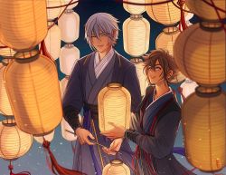 Rule 34 | 2boys, alternate costume, aqua eyes, artist name, bead bracelet, beads, blue background, blue eyes, blue kimono, bracelet, brown hair, cowboy shot, earrings, gradient background, grey hair, grey kimono, hair between eyes, holding, holding lantern, japanese clothes, jewelry, kimono, kingdom hearts, kingdom hearts iii, lantern, lantern festival, long sleeves, looking at another, looking up, male focus, multiple boys, outdoors, paper lantern, parted lips, pineapplebreads, riku (kingdom hearts), short hair, single earring, sky lantern, smile, sora (kingdom hearts), spiked hair
