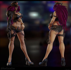 Rule 34 | 3d, alternate costume, armlet, big hair, bikini, bikini top only, bracelet, chain, covered erect nipples, cyberpunk, final fight, hand on own hip, hat, highres, jewelry, long hair, pear force one, platform footwear, platform heels, poison (final fight), purple hair, science fiction, short shorts, shorts, street fighter, street fighter v, swimsuit, toned, wedge heels
