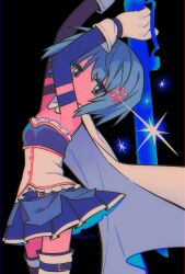 Rule 34 | 1girl, arms up, black background, blue eyes, blue hair, blue skirt, blue sleeves, cape, fortissimo, from side, glint, gloves, hair ornament, highres, holding, holding sword, holding weapon, looking at viewer, magical girl, mahou shoujo madoka magica, menma (enaic31), miki sayaka, musical note, musical note hair ornament, shirt, short hair, simple background, skirt, solo, sword, thighhighs, weapon, white cape, white gloves, white shirt, white thighhighs