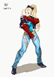 Rule 34 | 1girl, absurdres, alternate costume, alternate hairstyle, bad id, bad twitter id, blue eyes, blue leotard, bodysuit, cammy white, commentary request, denim, dog tags, fingerless gloves, full body, gauntlets, gloves, highres, jacket, jeans, legs apart, leotard, looking to the side, naji yanagida, no headwear, no headwear, pants, ponytail, scar, solo, standing, street fighter, torn clothes, torn jeans, torn pants