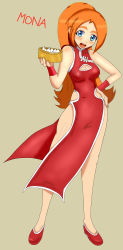 Rule 34 | 1girl, absurdres, bare shoulders, blue eyes, breasts, character name, china dress, chinese clothes, cleavage, dress, full body, hand on own hip, highres, legs, long hair, looking at viewer, mona (warioware), nintendo, open mouth, orange hair, pelvic curtain, simple background, tagme, warioware