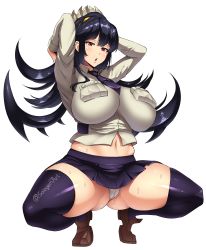 Rule 34 | 1girl, 2020, absurdres, arms up, black hair, breasts, filia (skullgirls), highres, large breasts, long hair, midriff, navel, necktie, pleated skirt, pussy juice, red eyes, school uniform, skirt, skullgirls, sole gem, solo, squatting, sweat, tagme, thighhighs, white background