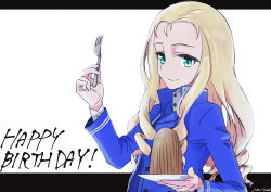 Rule 34 | 1girl, absurdres, bc freedom military uniform, birthday, blonde hair, blue jacket, blue vest, closed mouth, dated, dress shirt, drill hair, english text, food, fork, girls und panzer, green eyes, happy birthday, high collar, highres, holding, holding fork, holding saucer, jacket, letterboxed, long hair, long sleeves, looking at viewer, marie (girls und panzer), military, military uniform, mont blanc (food), oritako, saucer, shirt, smile, solo, uniform, upper body, vest, white background, white shirt