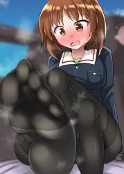 Rule 34 | 1girl, anglerfish, black gloves, black pantyhose, blouse, blue jacket, blue sky, blurry, blurry background, blush, brown eyes, brown hair, clear sky, close-up, commentary request, crossed legs, day, depth of field, emblem, feet, fish, foot focus, frown, girls und panzer, gloves, greek toe, green shirt, highres, jacket, legs, long sleeves, looking at viewer, military, military uniform, military vehicle, motor vehicle, nishizumi miho, no pants, nyx (mebius no wa), on vehicle, ooarai military uniform, open mouth, outdoors, pantyhose, shirt, short hair, sitting, sky, soles, solo, steam, sweatdrop, tank, thighband pantyhose, toes, uniform