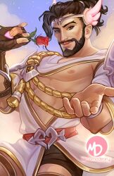 Rule 34 | 1boy, ancient greek clothes, arrow (projectile), asian, bara, beard, beckoning, brown hair, cupid hanzo, facial hair, flower, greco-roman clothes, hanzo (overwatch), holding, holding flower, large pectorals, male focus, momo-deary, muscular, muscular male, official alternate costume, outstretched hand, overwatch, pectorals, reaching, reaching towards viewer, rose, short hair, solo, thick eyebrows, tiara, underpec, valentine