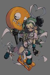 Rule 34 | 1girl, a.b.a, bags under eyes, bandaged arm, bandaged chest, bandaged leg, bandages, black gloves, breasts, brown eyes, drooling, fingerless gloves, full body, gloves, green hair, grey background, guilty gear, guilty gear strive, highres, holding, key, key in head, long hair, looking at viewer, medium breasts, mouth drool, nail polish, object through head, open mouth, paracelsus (guilty gear), shoes, simple background, skirt, stitched mouth, stitches, sweat, tub7eegxp34en1g