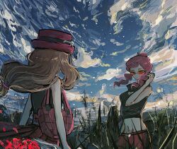 2girls bag black_shirt brown_hair closed_mouth cloud commentary_request creatures_(company) crop_top day game_freak grass hat highres horimhkw11 malva_(pokemon) multiple_girls nintendo outdoors pants pink_hair pokemon pokemon_xy red_hat red_pants red_skirt serena_(pokemon) shirt skirt sky sleeveless sleeveless_shirt sunglasses