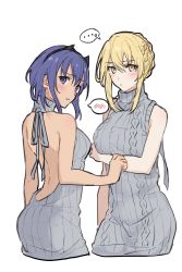 Rule 34 | 2girls, artoria pendragon (fate), artoria pendragon (lancer alter) (fate), ass, backless dress, backless outfit, bad id, bad pixiv id, blonde hair, blush, breasts, dark persona, dark skin, dark-skinned female, dress, fate/grand order, fate/prototype, fate/prototype: fragments of blue and silver, fate (series), halterneck, hassan of serenity (fate), highres, large breasts, long hair, looking at viewer, medium breasts, meme attire, multiple girls, nari, purple eyes, purple hair, ribbed sweater, saber (fate), saber alter, short hair, sweater, sweater dress, teshima nari, turtleneck, turtleneck sweater, virgin killer sweater
