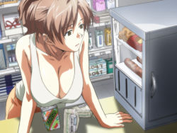 Rule 34 | 00s, 1girl, arm support, blouse, breasts, brown eyes, brown hair, cleavage, food, horibe hiderou, huge breasts, interlude, juice box, marufuji izumi, no bra, oven, sandwich, shirt, shop, solo, tank top, white shirt