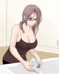 Rule 34 | 1girl, bare shoulders, breasts, camisole, cleavage, cup ramen, electrical outlet, futon suki, glasses, instant soba, large breasts, purple eyes, sink, solo, tank top, yakisoba