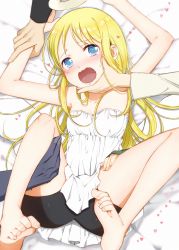 Rule 34 | 1other, blonde hair, blue eyes, blush, crimvael, dress, feet, highres, ishuzoku reviewers, long hair, open mouth, shorts, soles, tears, toes, white dress, wings