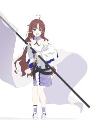 Rule 34 | 1girl, :d, ahoge, arknights, blue skirt, blue socks, brown hair, commentary request, ear piercing, flag, fuyukono, green eyes, highres, holding, holding flag, jacket, long hair, long sleeves, looking at viewer, myrtle (arknights), off shoulder, open clothes, open jacket, open mouth, parted bangs, piercing, pointy ears, shoes, simple background, skirt, smile, socks, solo, standing, tank top, very long hair, white background, white footwear, white jacket, white tank top, wide sleeves